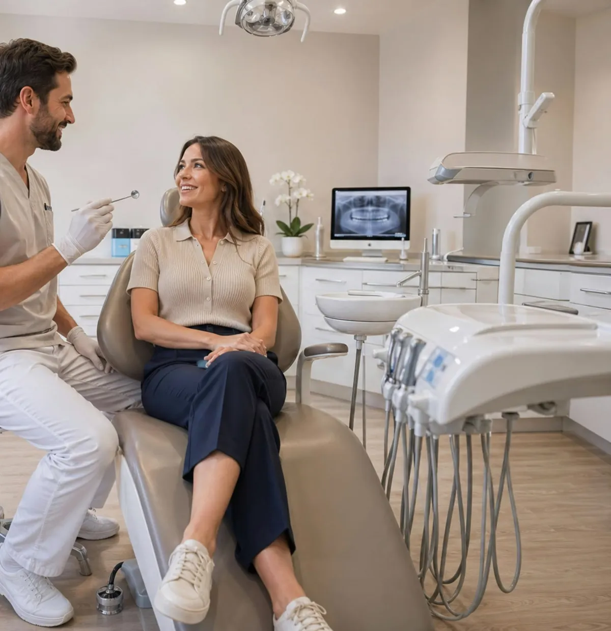 Médico dentista a conversar com uma paciente no gabinete
