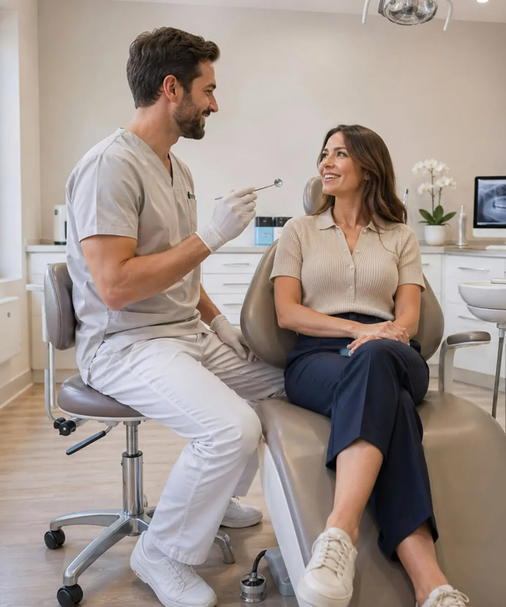 Dentista a conversar com uma paciente na cadeira (foto de amostra)