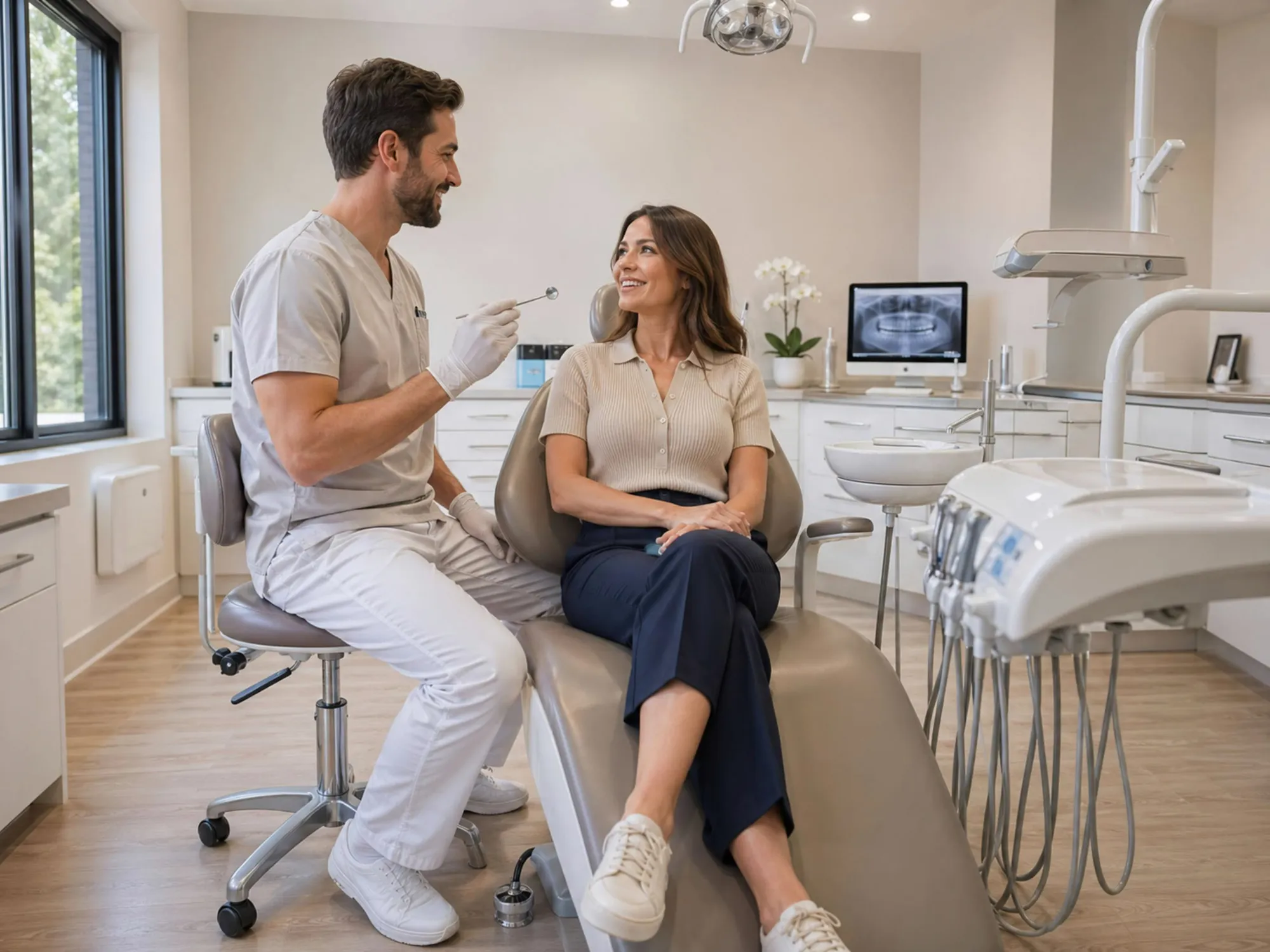 Dentista a conversar com uma paciente na cadeira (foto de amostra)